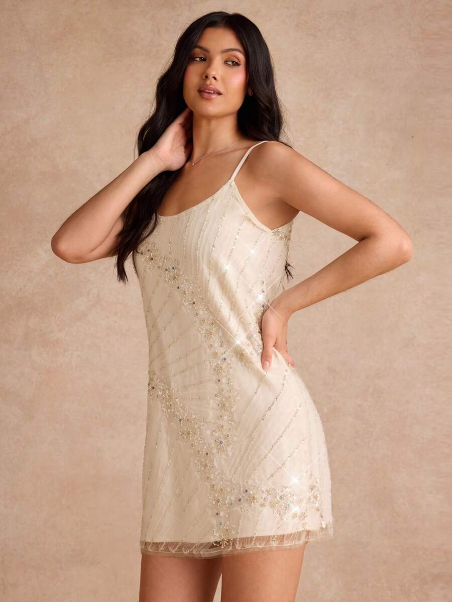Enchnt 女款優雅時尚串珠肩帶洋裝