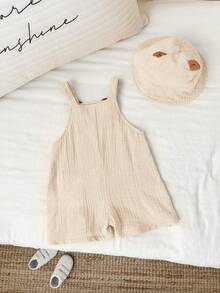 SHEIN 男女通用新生兒嬰兒 100%純棉 2件組 春夏可愛小獅子設計 皺褶面料 3D短褲吊帶褲與帽子套裝，嬰兒連身褲，嬰兒夏季套裝，嬰兒夏季衣物 - 杏色 - 查看 2