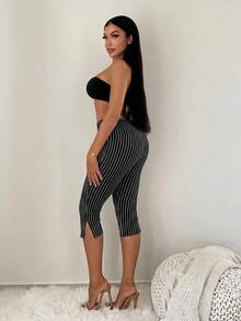 SHEIN SXY Fashionable Commuter Night Out Black And White Checkered Split Capri Length Leggings Summer - Black and White - View 4