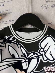 LOONEY TUNES X SHEIN 男婴休闲时尚街头卡通兔子字母印花撞色条纹滚边保暖卫衣，秋冬季 - 白色 - 查看 3