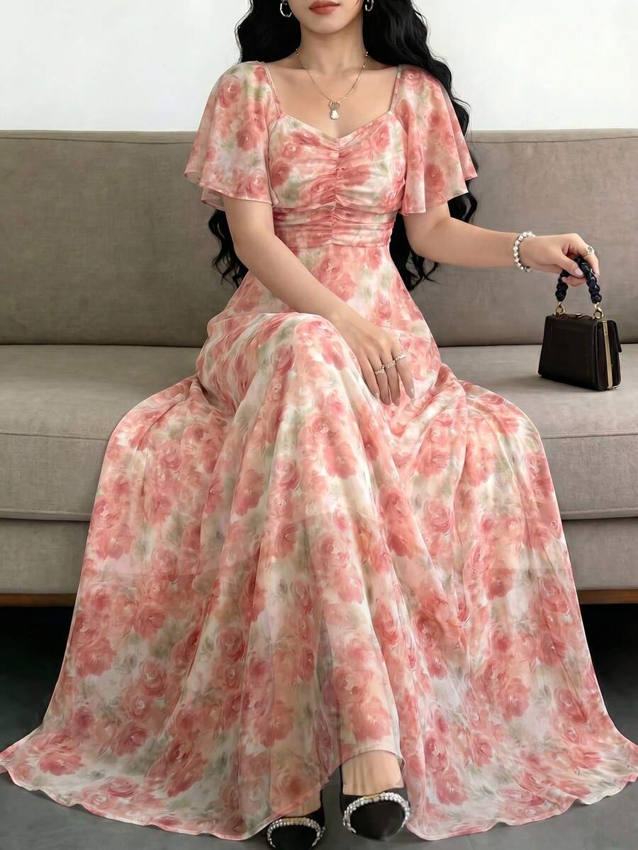 Modelyn Women's Chiffon Butterfly Print Batwing Sleeve Ruched Summer Sweet French Style Dress - Multicolor - View 1