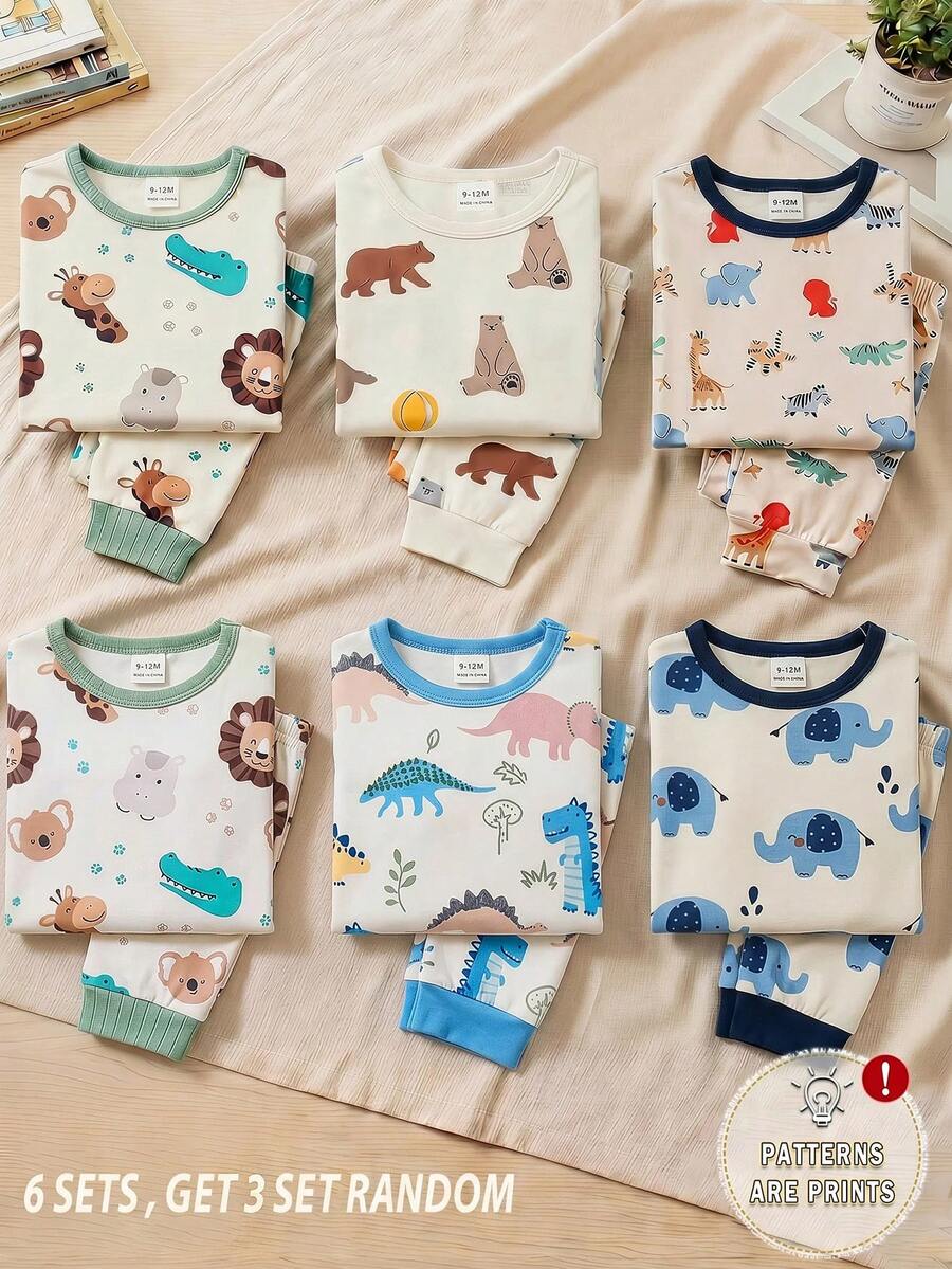 Baby Jungen Baby Mädchen Eng anliegender Pyjama Cartoon Tier Muster Strick Weich Rundhals Langarm Pullover Top und Lange Hose Eng anliegend 2 Stücke Set - Verschiedenfarbig - Übersicht 1