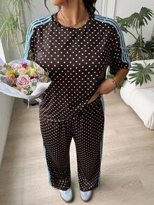 SHEIN EZwear 大尺碼女款波點印花短袖T恤與長褲休閒兩件套 - 棕色 - 查看 4