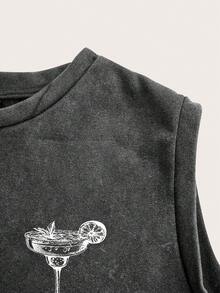 Tseoso 62%棉雪花紋理女款休閒圓領短版無袖背心上衣，適合夏季，休閒極簡運動街頭風百搭派對聚會機場穿搭Y2K上衣，紅酒杯印花圖案，女款外出穿搭，女款夏季套裝 - 黑色 - 查看 5