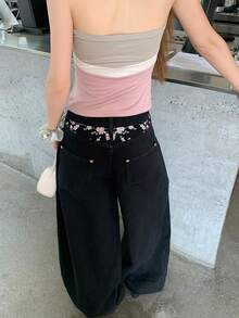DAZY Women's Loose Floral Embroidered Casual Denim Long Pants Cute Tops - Grey - View 7