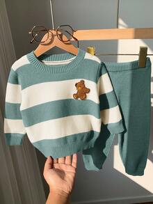 SHEIN 2件組 男女嬰秋冬可愛休閒熊色條紋毛衣與長褲 - 彩色 - 查看 7
