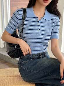 DAZY Women's Striped Color Block Casual Versatile Daily Knit Short Sleeve Top - Sky Blue - View 4