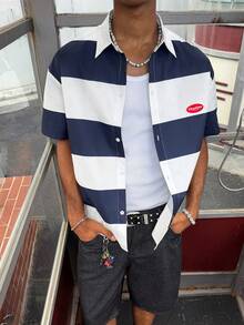 STEELVANCE Striped Short Sleeve Regular Length Shirt Collar Top - Blue and White - View 4