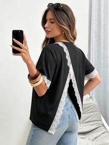 Elegantrix Women's Plus Size Spring/Summer Elegant French Casual Hollow Back Design Contrast Color Lace Trim Loose Round Neck T-Shirt - Black - View 3