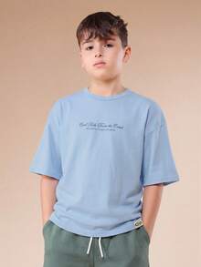 SUMWON Oversized Relaxed Fit Tween Two Piece Set Short Sleeve Tee Matching Elastic Waist Drawstring Shorts Summer Casual Coordinated Outfit - Blue - View 3