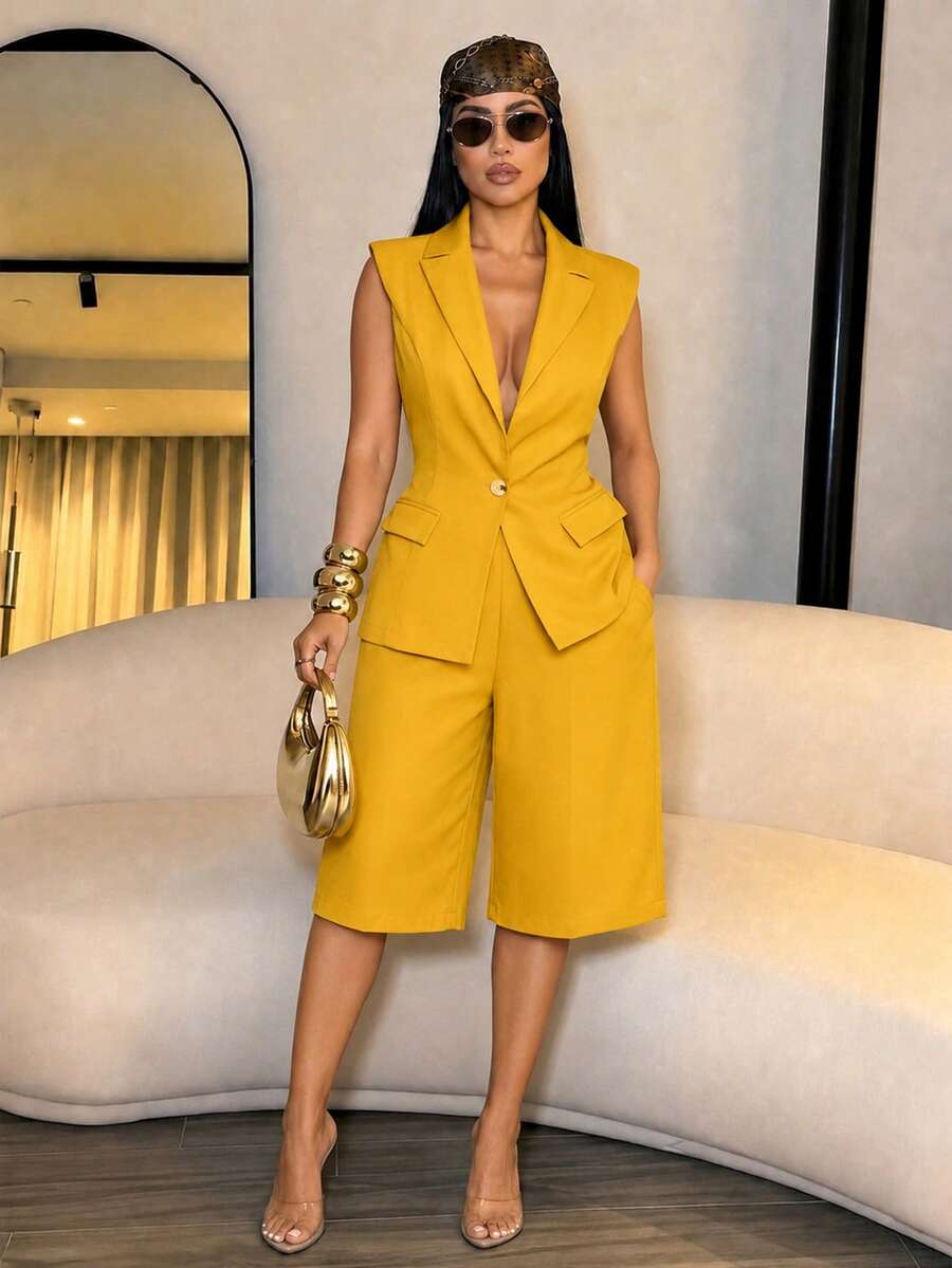 SOLERSUN Women's Old Money Aesthetic Mustard Yellow Sleeveless Blazer Vest Utility Pocket Shorts Co-Ord Set, Business Casual Outfit, Office Style Summer - Yellow - View 1