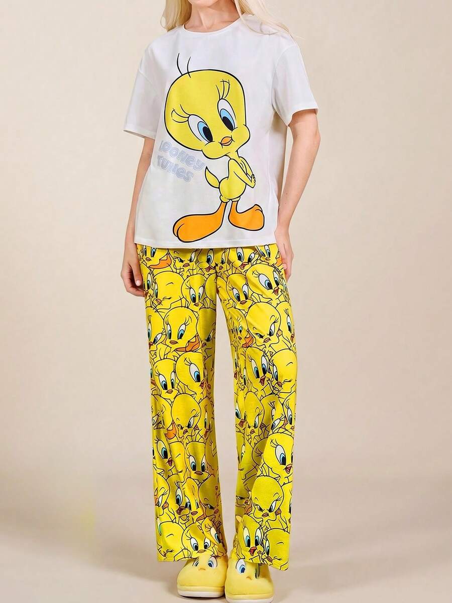 LOONEY TUNES X SHEIN 女士卡通印花短袖上衣和长裤夏季睡衣套装 - 黃色 - 查看 1