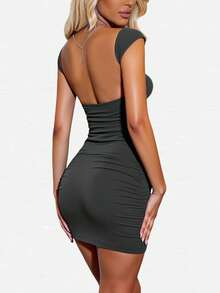 INAWLY Women's Solid Color Backless Fashionable Slim Fit Spring/Summer Dress - Dark Grey - View 2