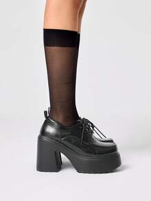 ROMWE Goth 女款黑色一腳蹬瑪麗珍樂福鞋 日系JK制服風 粗跟厚底通勤鞋 - 黑色綁帶 - 查看 5