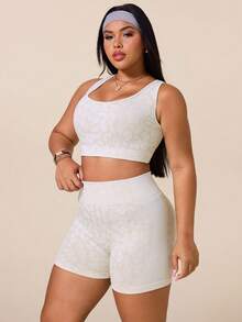 SHEIN Rhythm Era 女款豹紋交叉背心上衣與短褲運動套裝 - 米色 - 查看 7