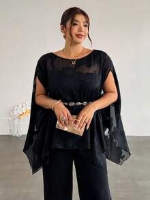 Firerie Blus Elegan Modis Lengan Jubah Potongan untuk Wanita Ukuran Plus, Cocok untuk Musim Gugur. - Hitam - View 4