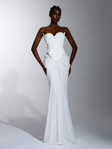Elitara Elegant White Luxurious Satin Chiffon Hand-Embroidered Applique Strapless 2 In 1 Mermaid Floor-Length Evening Gown For Wedding Spring - White - View 3