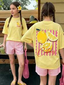 SHEIN 青少年女孩數位條紋與檸檬印花短袖短褲套裝，春夏季休閒舒適時尚，百搭夏季穿搭，適合戶外運動、戶外野餐、街拍、居家、校園、度假、送禮、日常穿著 - 彩色 - 查看 4