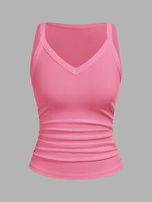 Slaydiva 2026 Spring/Summer New Arrival Casual Sexy Basic Versatile Solid Pink Ribbed, Party Going Out, Airport Outfits - Hot Pink - View 3
