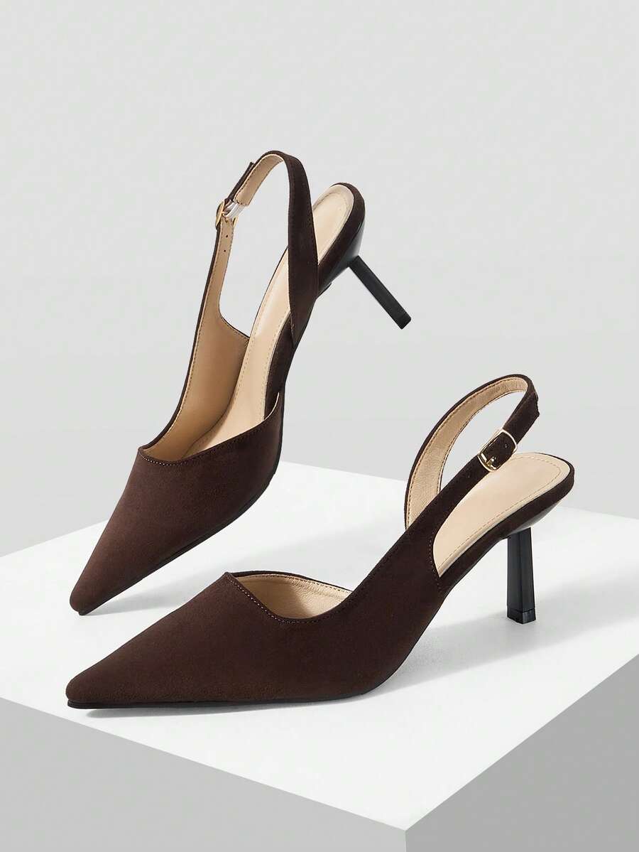 Mnmlis Spring And Summer Simple Buckle Pointed Toe Thin Heel Commuter Suede Slingback High Heel Sandals Workplace Dating Fall Shoes - Brown flannel - View 1