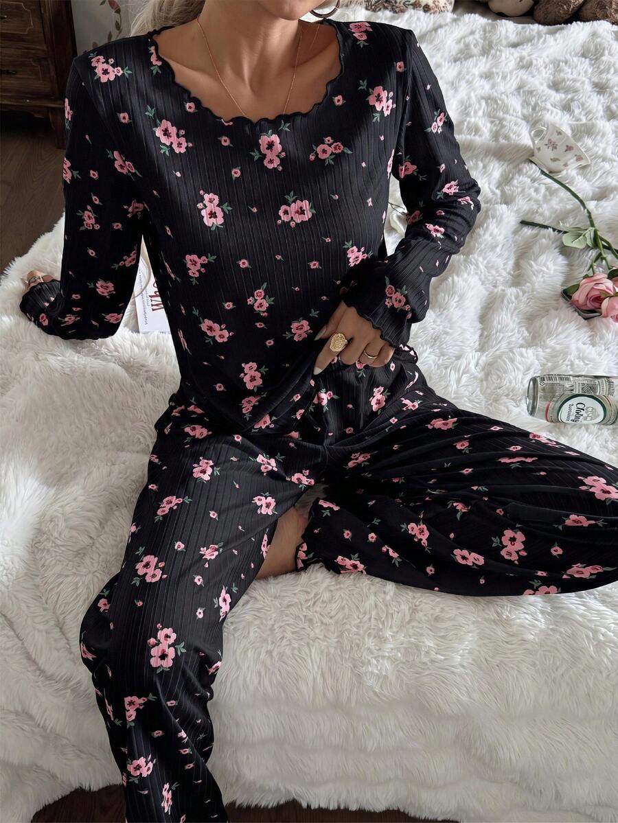 CottageSlumber Women's Cute Ditsy Floral Ribbed Trim Long Sleeve Top & Pants Romantic Floral Pajama Set, Fall & Winter Clothes - Black - View 1
