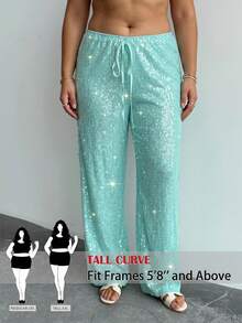 SHEIN Tall CURVE 大码女式嘻哈街头亮片细节抽绳宽松裤 - 綠色 - 查看 10