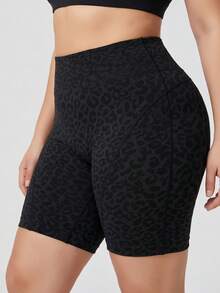 SHEIN Rhythm Era 1 pièce Short de sport sans couture sexy pour femmes grande taille, imprimé léopard, rayure latérale, effet amincissant, pour la course, le fitness, l'entraînement, le yoga, l'extérieur, couche de base, 5 pouces - Noir - Voir 5