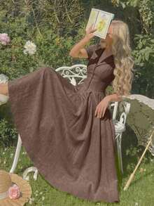Skyraze Apricot Pleated Midi Dress With Collar,Summer Dresses For Women - Khaki - View 2