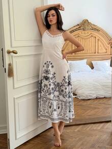 DAZY Women's Cinched Waist Floral Print Long Dress, Summer Home Wear Dress Pajamas - White - View 6