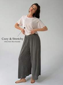 DAZY 女款純色圓領上衣與長褲休閒日常居家服套裝 夏季睡衣 - 杏色 - 查看 5