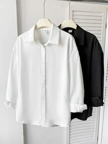 SHEIN Tween Girls Casual Versatile Simple 2pcs Comfortable Solid Color Long Sleeve Single-Breasted Casual Shirt - Black and White - View 4