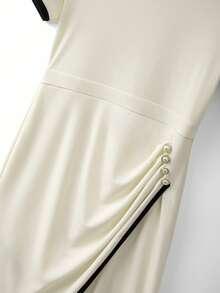 SHEIN Franclia Vestido elegante de mujer con decoración de botones de remache de color contrastante, vestido asimétrico, vestido cruzado, vestido beige, vestido de longitud media, vestido largo, vestido con detalles de botones - Albaricoque - Ver 7