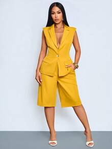 SOLERSUN Women's Old Money Aesthetic Mustard Yellow Sleeveless Blazer Vest Utility Pocket Shorts Co-Ord Set, Business Casual Outfit, Office Style Summer - Yellow - View 10