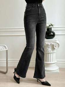 DAZY Jeans acampanados de uso diario casual lavados con bolsillos para mujer - Negro - Ver 5
