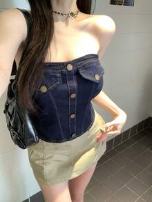 DAZY 春夏音樂節平口式背心上衣 時尚派對修身顯瘦優雅通勤女款牛仔上衣 - 深色水洗藍 - 查看 8