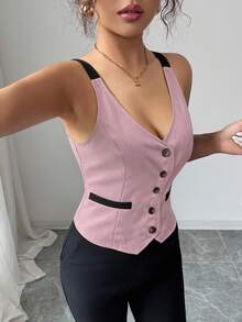 Elenzga Summer Elegant Commuter Vacation Casual Versatile Slim Fit Deep V-Neck Woven Romantic Vintage Button Exquisite Vest - Pink - View 3
