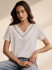 Anewsta Embellished Pearl Rhinestone V-Neck Lace Short Sleeve T-Shirt, Slimming Hollow Patchwork Floral Trim For Women Wedding Brunch Tea Party White Summer - White - View 5