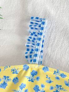 SHEIN 女童小女孩花卉印花比基尼三角褲兩件式泳衣套裝附裙子，適合夏季度假與海灘 - 黃色 - 查看 6