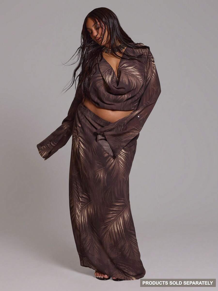 MUSERA Plus Size Palm Print Chiffon Loose Fit Maxi Dance Spring Summer Vacation Holiday Elegant Beach Vacation Chocolate Brown - Multicolor - View 1