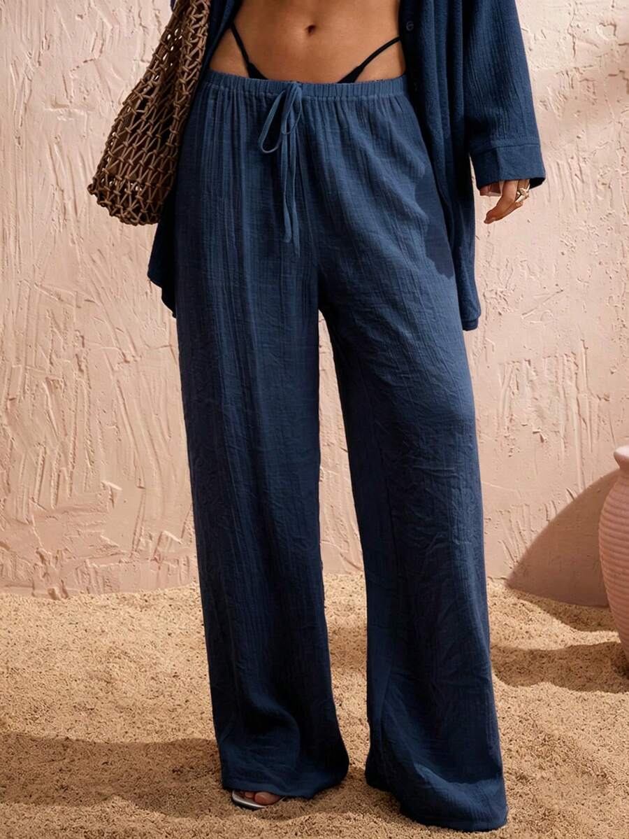 Swim Chiccia Celana Penutup Pantai Musim Panas Wanita Warna Polos dengan Tali Serut, Potongan Lurus Longgar - Navy Blue - View 1