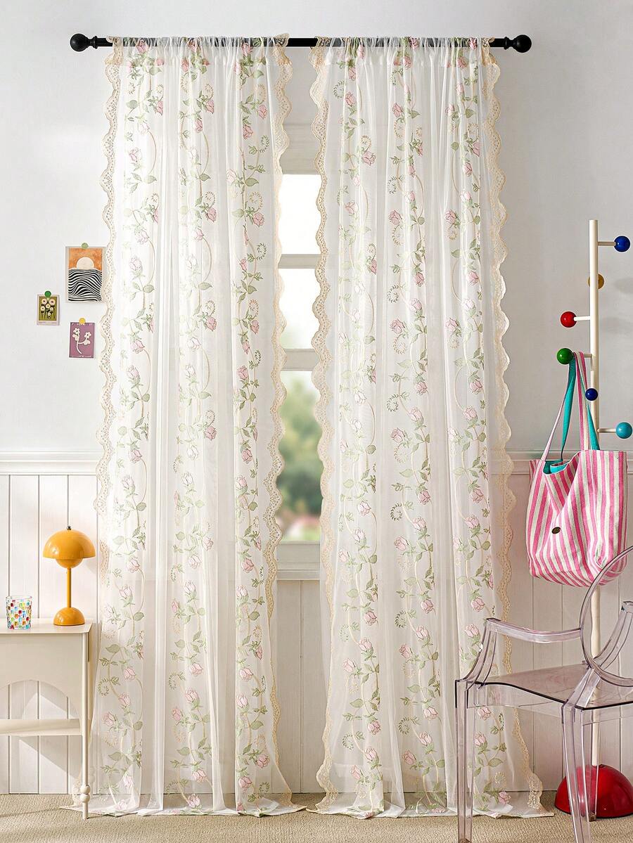 1pc French Pastoral Embroidered Sheer Curtain, No Drilling Required For Balcony, Bedroom, Suitable For Multiple Occasions - Multicolor - View 1