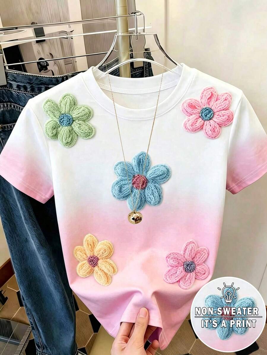 Resyla 女款圓領3D花朵裝飾漸層色休閒百搭日常出遊短袖T恤 - 彩色 - 查看 1