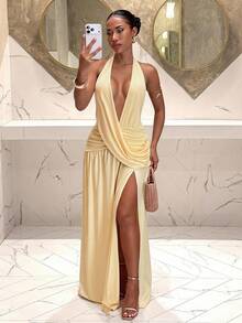 Slaydiva Elegant Deep V-Neck Halter-Neck Long A-Line Dress With High Slit. Perfect For Parties And Weddings-A - Yellow - View 6