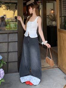 FRIFUL Celana Jeans Denim Wanita Kasual Serbaguna untuk Aktivitas Sehari-hari dengan Potongan Lebar dan Kantong - Hitam - View 7