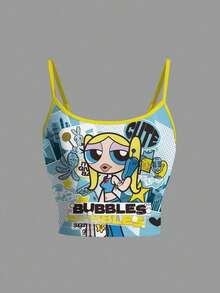 THE POWERPUFF GIRLS X SHEIN 女士字母卡通印花无袖背心，夏季 - 白色 - 查看 5