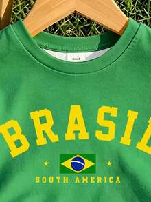 熱銷兒童夏季巴西 BRASIL 印花運動套裝，女嬰圓領短袖 T 恤 + 側條紋修身短褲 2 件套，黃綠配色拼接，復古美式運動風，親膚休閒運動風，適合幼兒園外出 / 日常穿著 / 拍照，舒適透氣 - 彩色 - 查看 4
