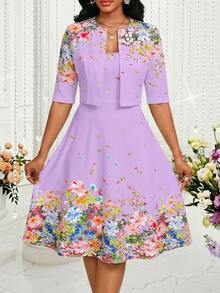 SHEIN Lady 女款優雅印花兩件套短夾克與寬肩帶洋裝，適合新娘母親、訂婚、婚禮，薰衣草色，夏季款 - 紫色 - 查看 4
