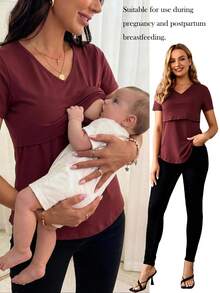 SHEIN Maternidad Camiseta de cuello V amamantamiento - Burdeos - Ver 1
