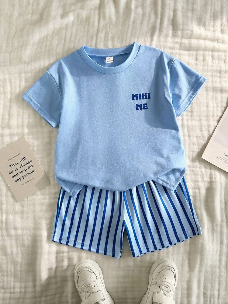 Vintaside Kids Boys' Summer Round Neck Short Sleeve Fashion Minimalist Versatile T-Shirt And Casual Shorts Set, Suitable For Outings, Casual Wear, Park Walks, Camping, Home Leisure And Daily Wear - Blue - View 2