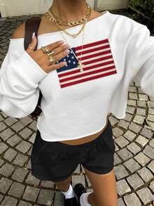 SHEIN EZwear 女款休閒露肩短版長袖衛衣，秋冬女裝，美國國旗印花，7月4日日，戶外穿著，夏季，街頭風，休閒，Y2K，基礎日常，適合日常通勤、約會、派對、秋冬/夏季、聖誕節、新年、感恩節、派對、婚禮、海灘 - 白色 - 查看 4